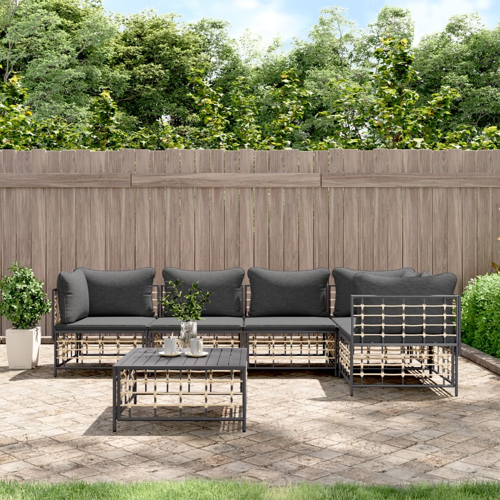 6-tlg. Garten-Lounge-Set mit Kissen Anthrazit Poly Rattan