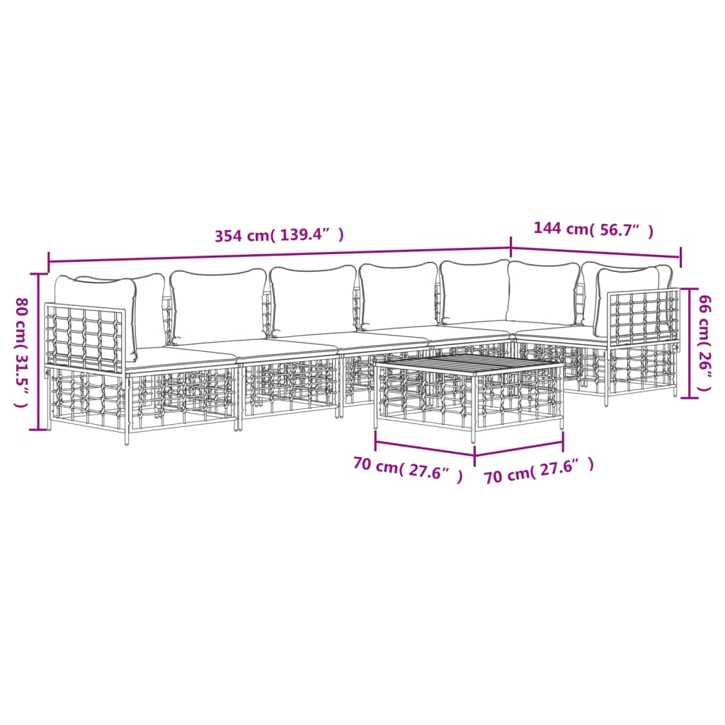 7-tlg. Garten-Lounge-Set mit Kissen Anthrazit Poly Rattan