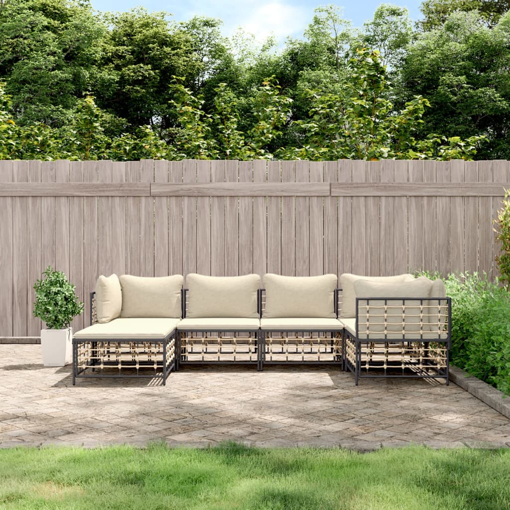 6-tlg. Garten-Lounge-Set mit Kissen Anthrazit Poly Rattan