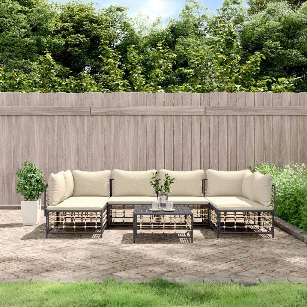 7-tlg. Garten-Lounge-Set mit Kissen Anthrazit Poly Rattan