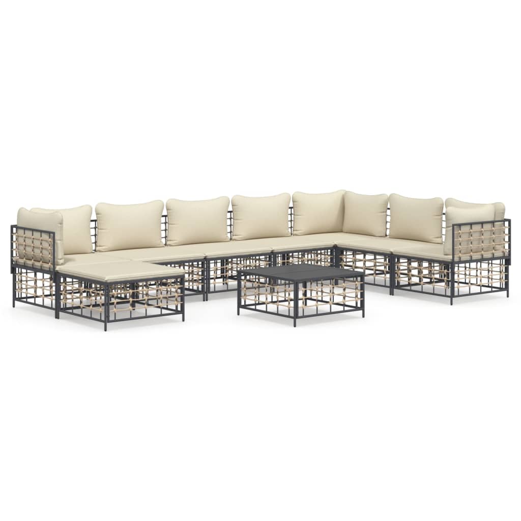 9-tlg. Garten-Lounge-Set mit Kissen Anthrazit Poly Rattan