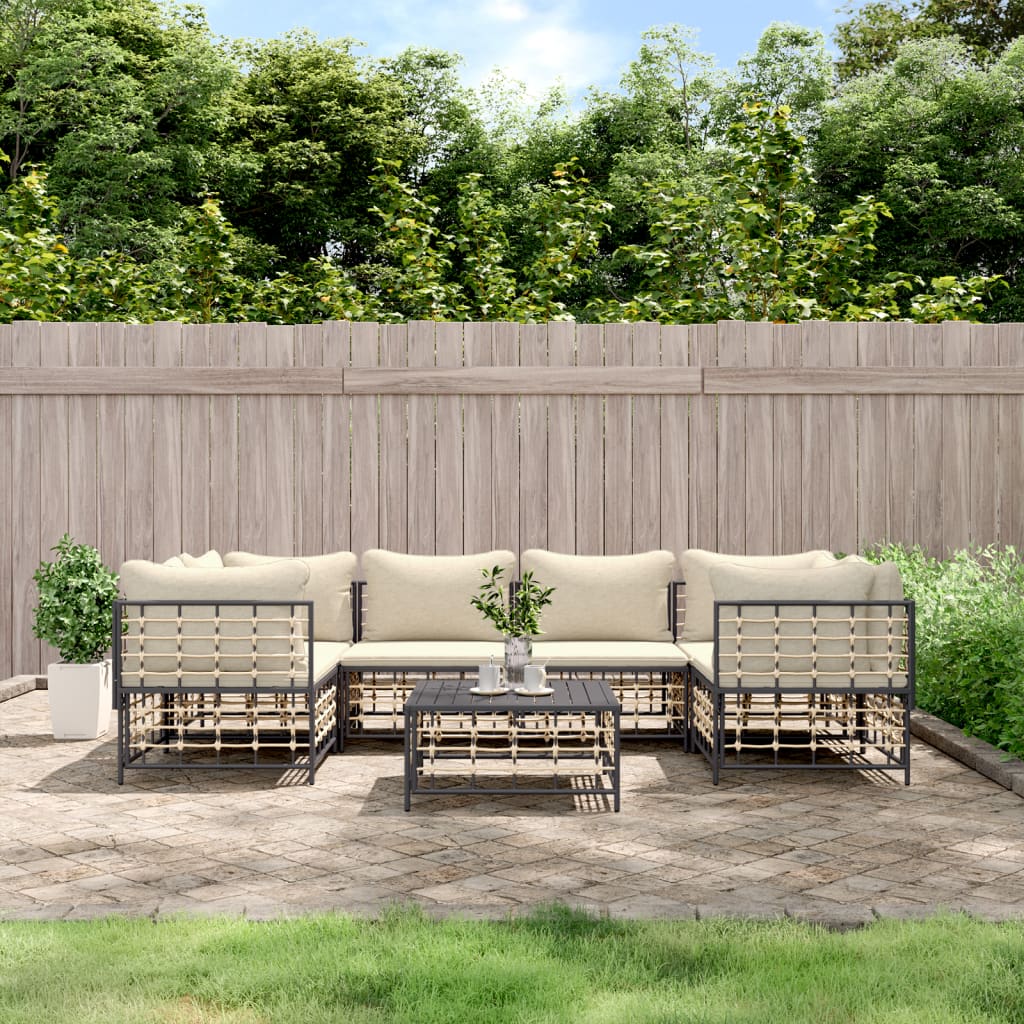 7-tlg. Garten-Lounge-Set mit Kissen Anthrazit Poly Rattan