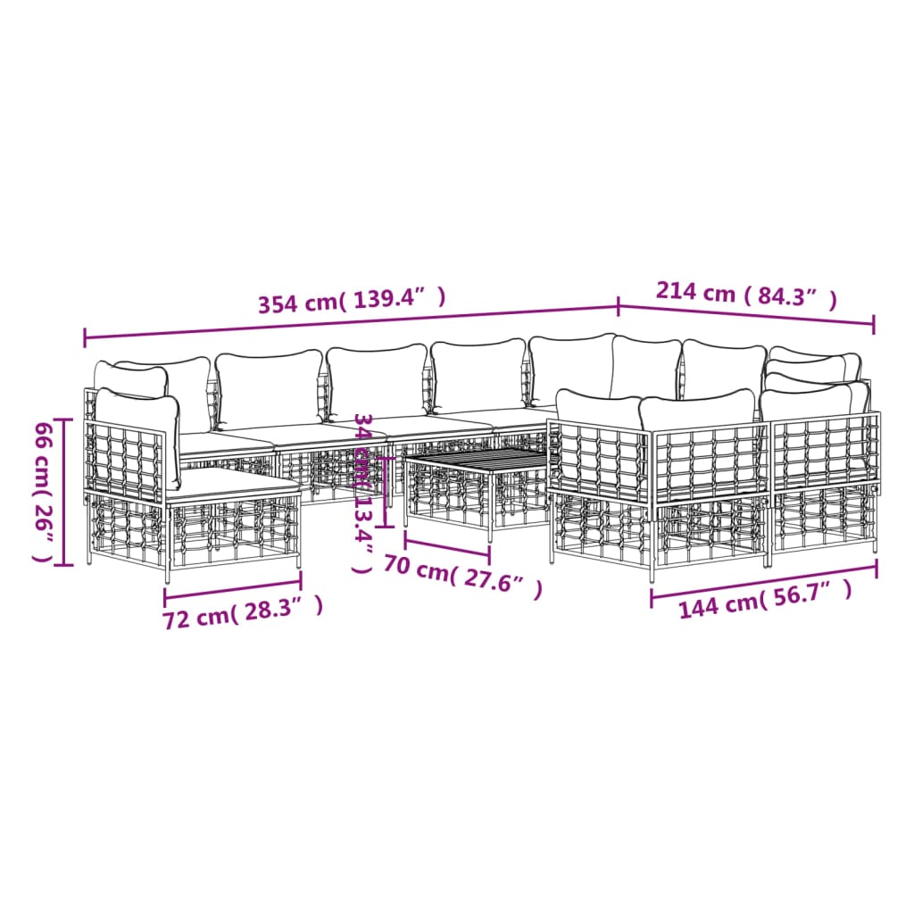 11-tlg. Garten-Lounge-Set mit Kissen Anthrazit Poly Rattan