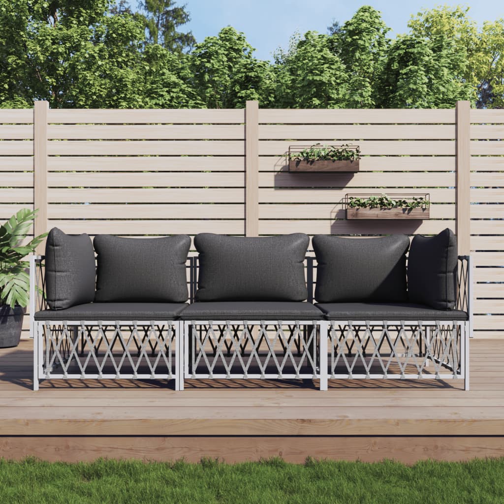 3-tlg. Garten-Lounge-Set mit Kissen Weiß Stahl