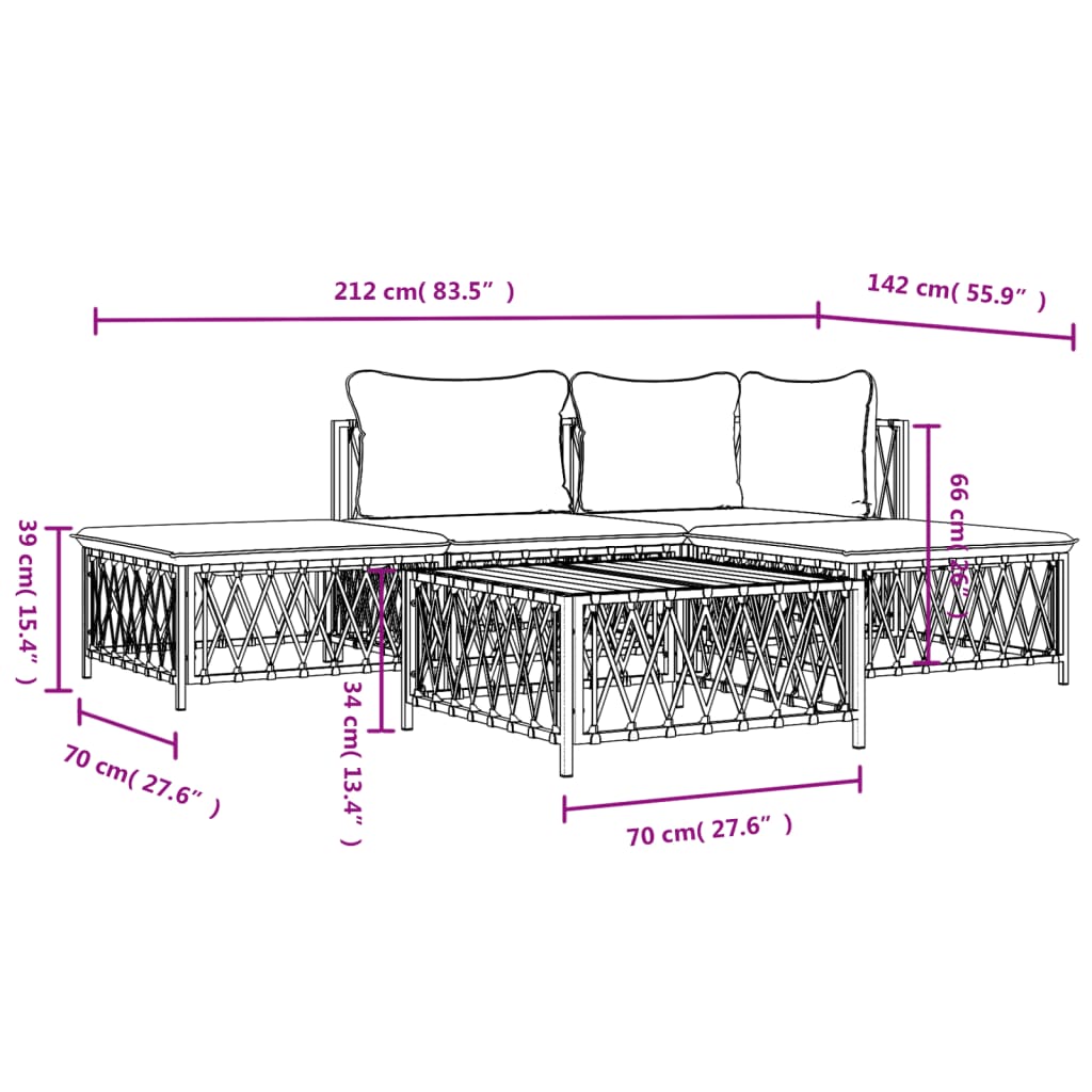 5-tlg. Garten-Lounge-Set mit Kissen Weiß Stahl