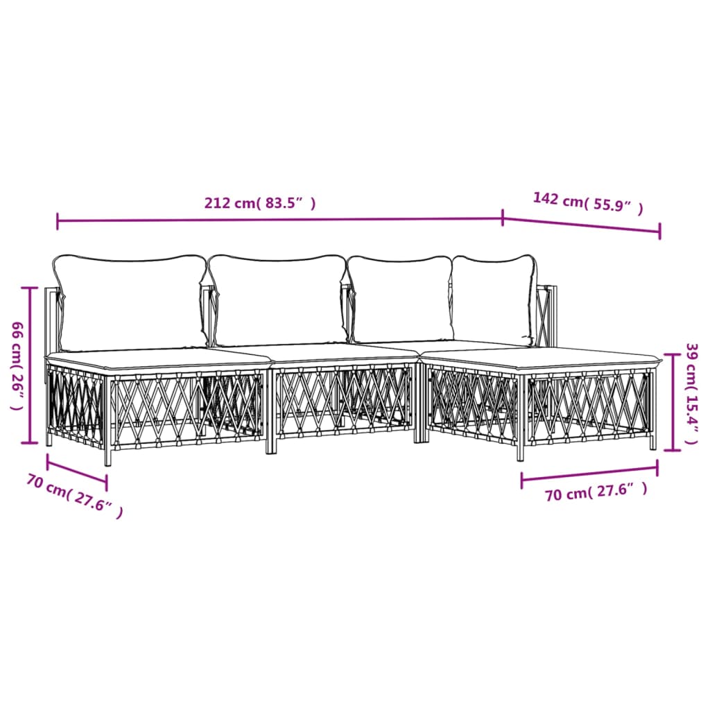 4-tlg. Garten-Lounge-Set mit Kissen Weiß Stahl