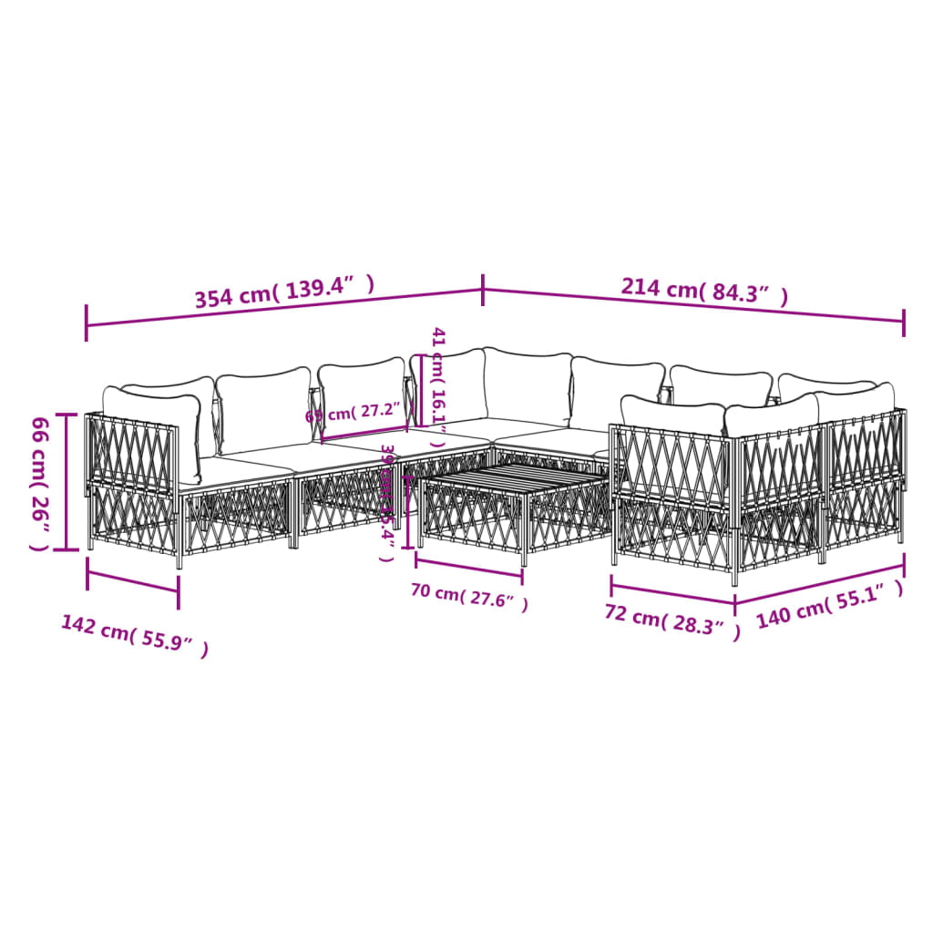 9-tlg. Garten-Lounge-Set mit Kissen Weiß Stahl