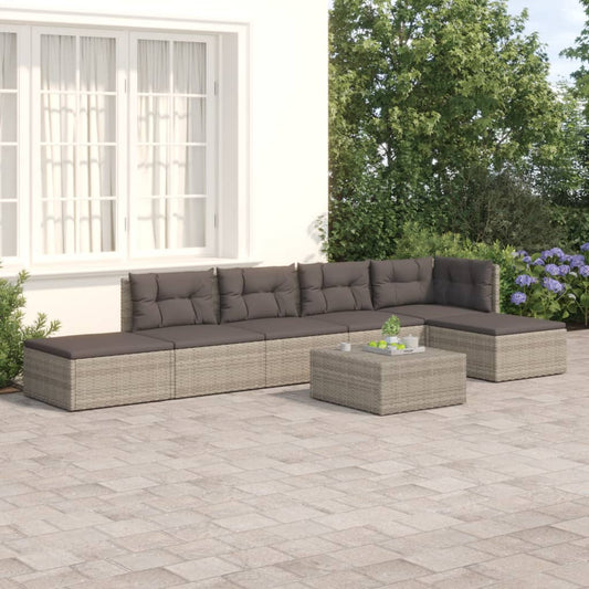 6-tlg. Garten-Lounge-Set mit Kissen Grau Poly Rattan