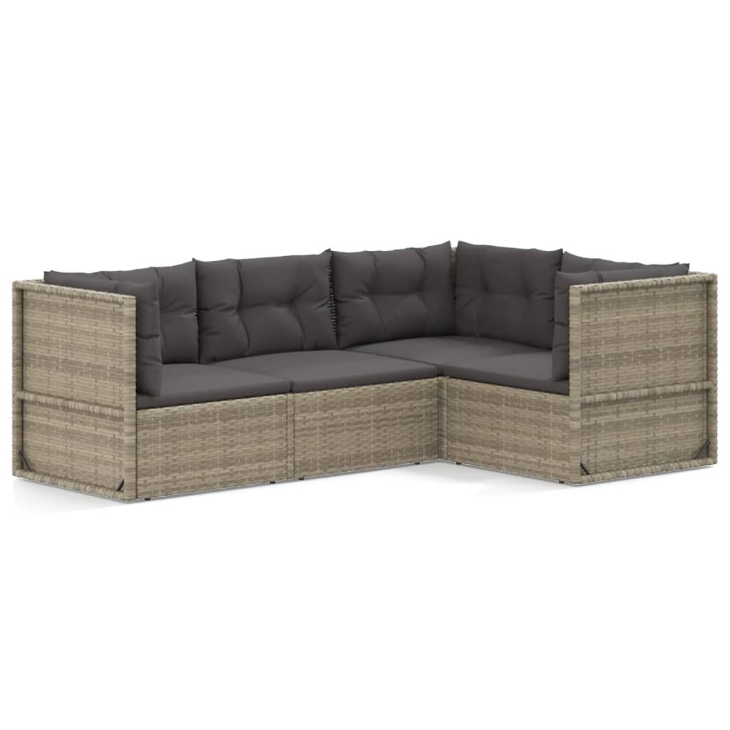 4-tlg. Garten-Lounge-Set mit Kissen Grau Poly Rattan