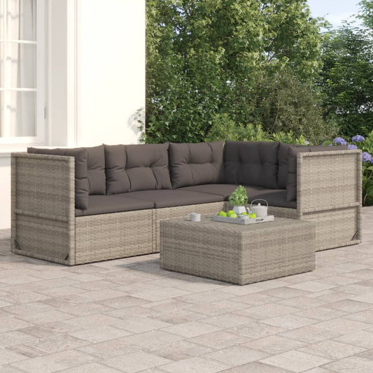 4-tlg. Garten-Lounge-Set mit Kissen Grau Poly Rattan