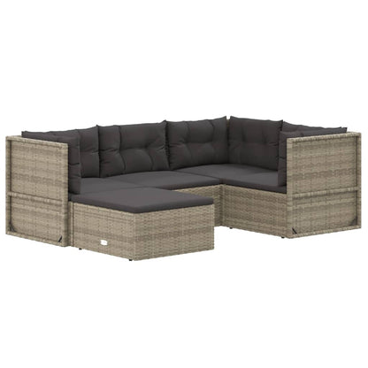 5-tlg. Garten-Lounge-Set mit Kissen Grau Poly Rattan