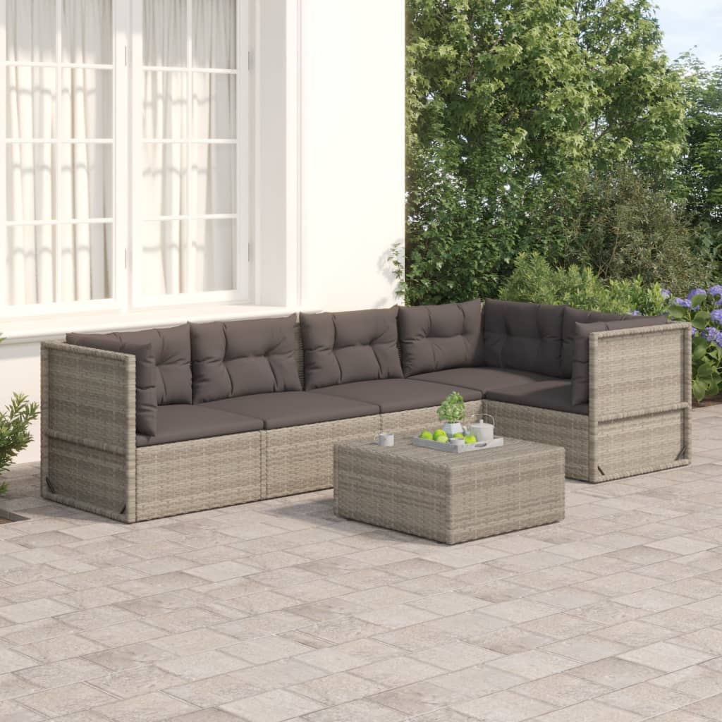 5-tlg. Garten-Lounge-Set mit Kissen Grau Poly Rattan