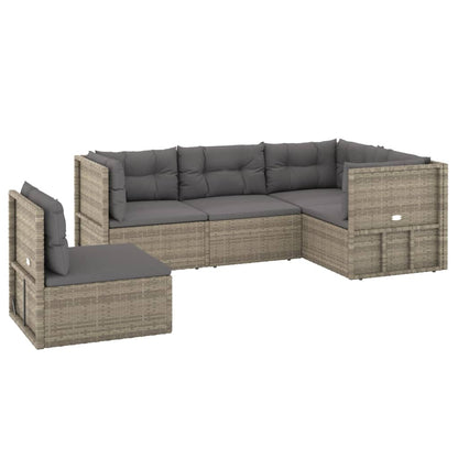 5-tlg. Garten-Lounge-Set mit Kissen Grau Poly Rattan