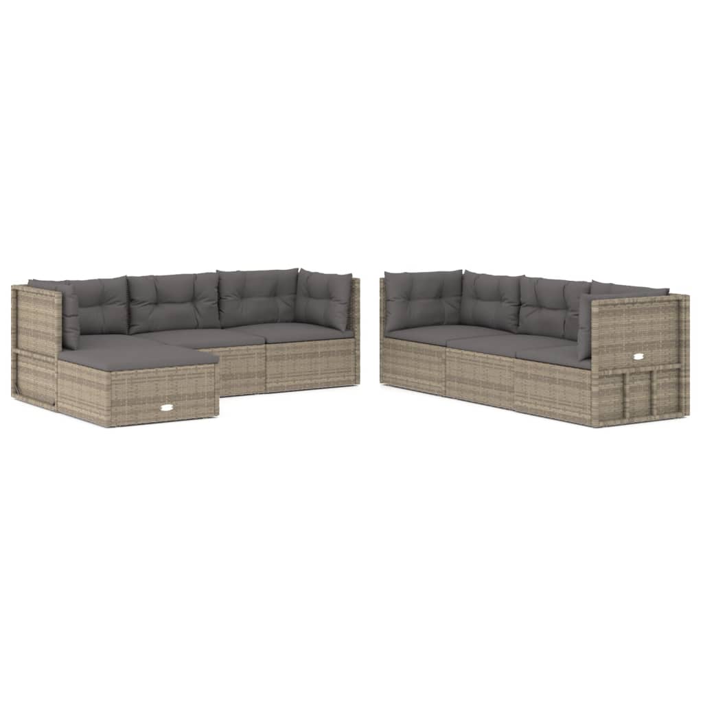 7-tlg. Garten-Lounge-Set mit Kissen Grau Poly Rattan