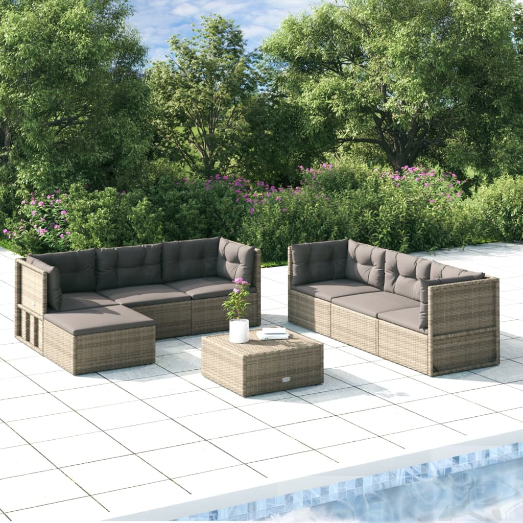 7-tlg. Garten-Lounge-Set mit Kissen Grau Poly Rattan