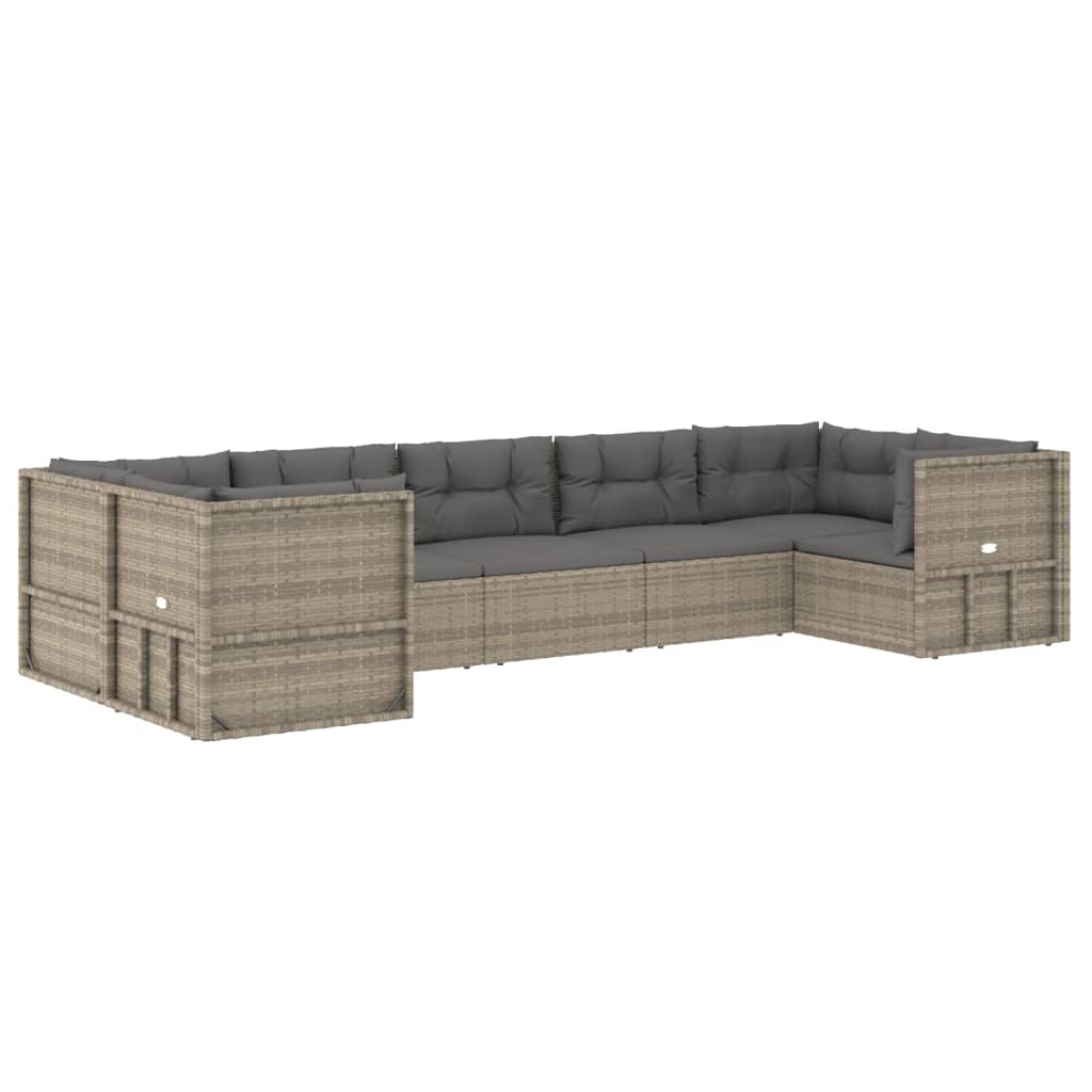 7-tlg. Garten-Lounge-Set mit Kissen Grau Poly Rattan