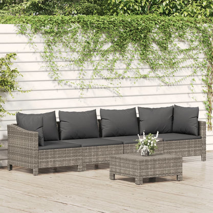 5-tlg. Garten-Lounge-Set mit Kissen Grau Poly Rattan