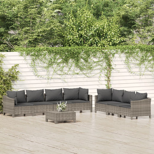 8-tlg. Garten-Lounge-Set mit Kissen Grau Poly Rattan