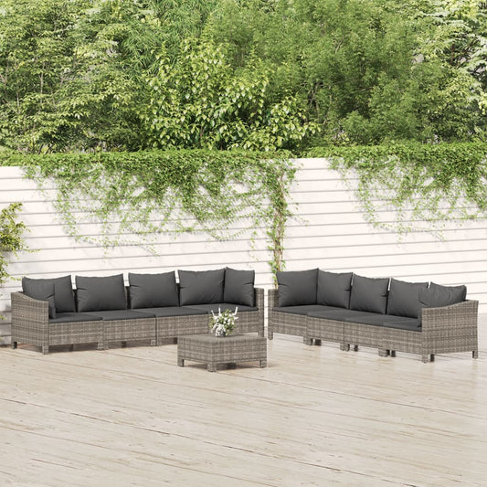 9-tlg. Garten-Lounge-Set mit Kissen Grau Poly Rattan