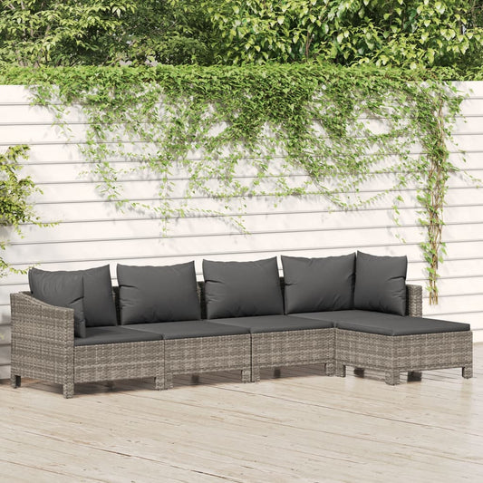 5-tlg. Garten-Lounge-Set mit Kissen Grau Poly Rattan