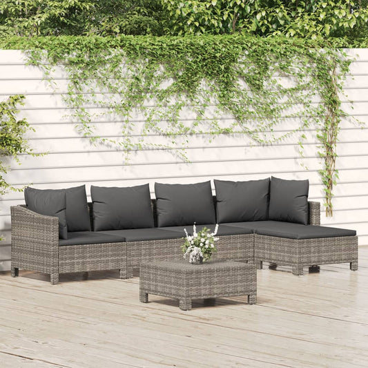 6-tlg. Garten-Lounge-Set mit Kissen Grau Poly Rattan