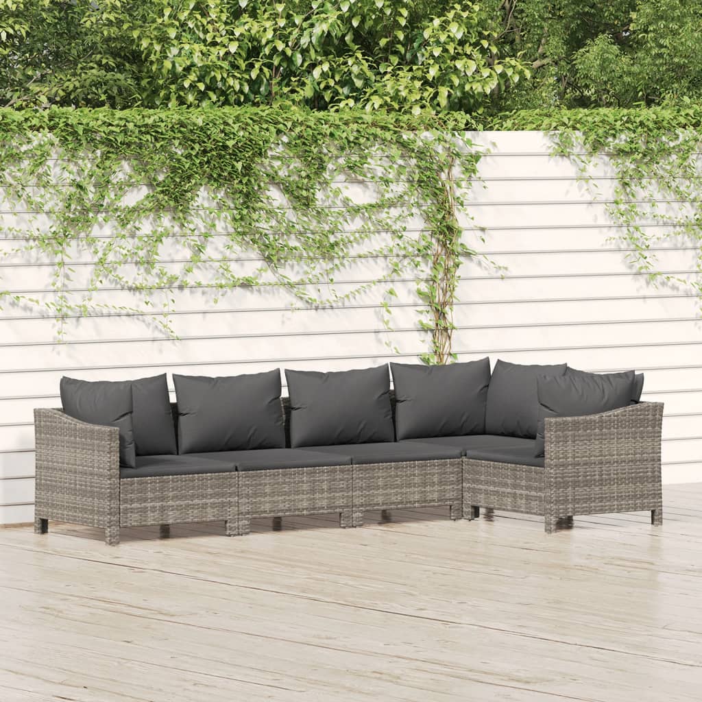 5-tlg. Garten-Lounge-Set mit Kissen Grau Poly Rattan