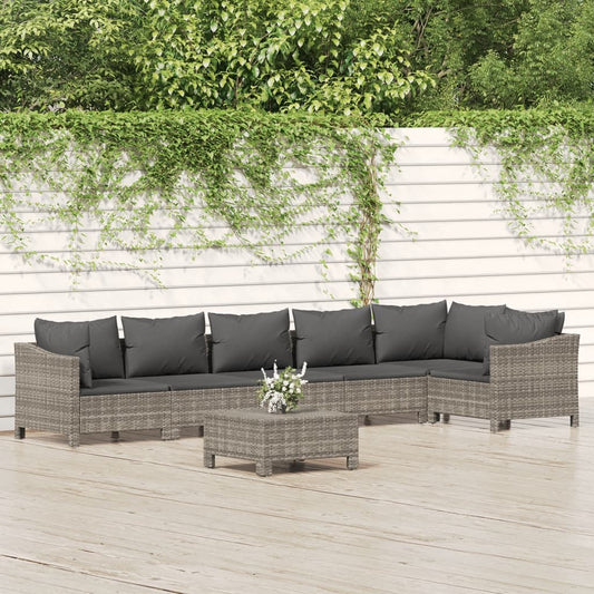 7-tlg. Garten-Lounge-Set mit Kissen Grau Poly Rattan