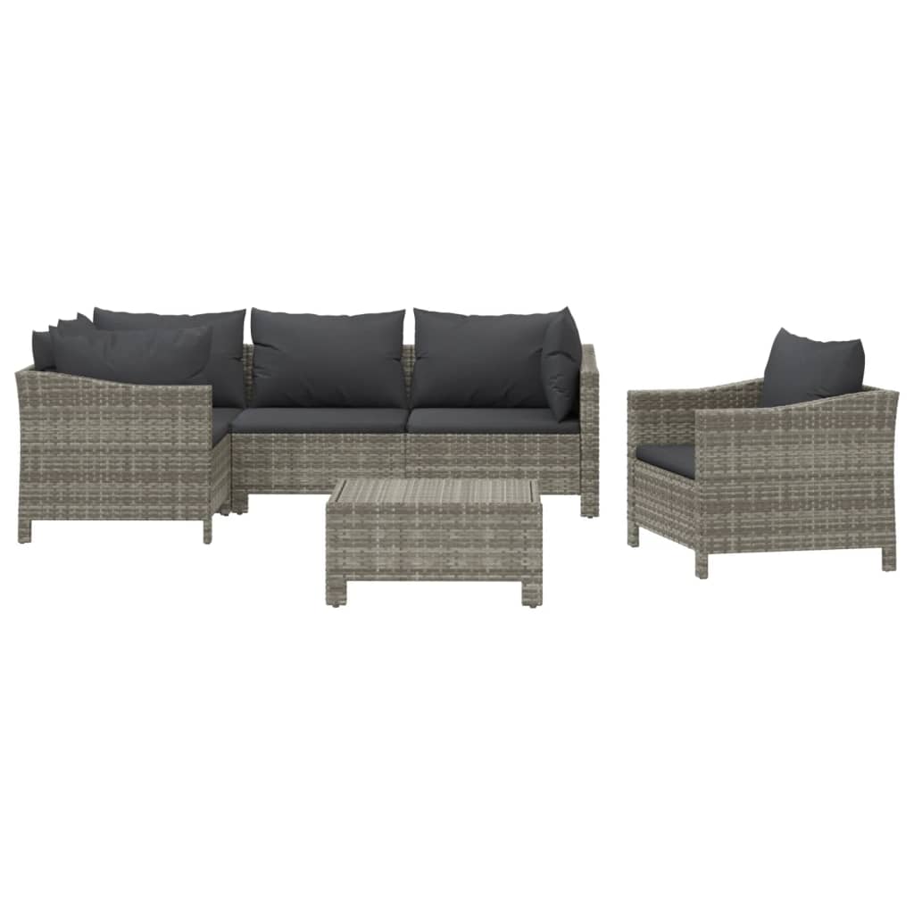 6-tlg. Garten-Lounge-Set mit Kissen Grau Poly Rattan