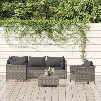 6-tlg. Garten-Lounge-Set mit Kissen Grau Poly Rattan