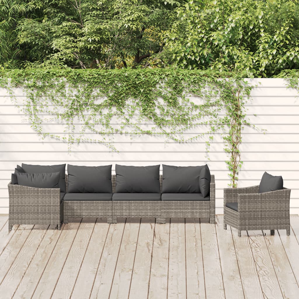 6-tlg. Garten-Lounge-Set mit Kissen Grau Poly Rattan