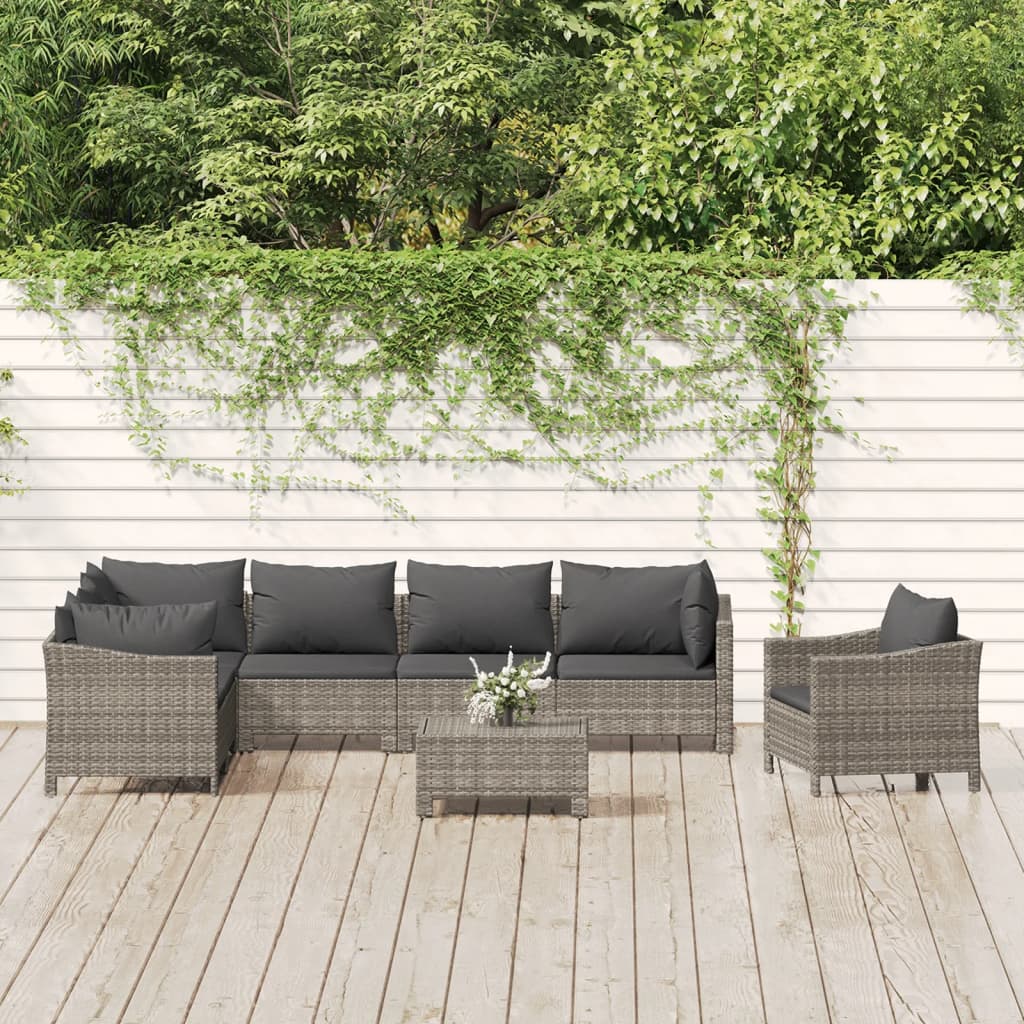 8-tlg. Garten-Lounge-Set mit Kissen Grau Poly Rattan