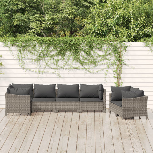 7-tlg. Garten-Lounge-Set mit Kissen Grau Poly Rattan