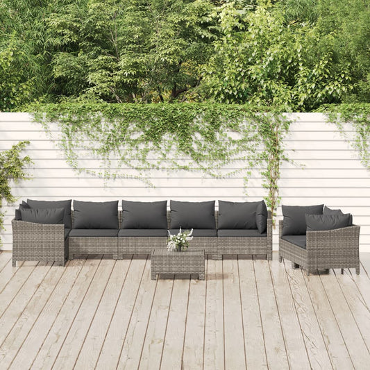 9-tlg. Garten-Lounge-Set mit Kissen Grau Poly Rattan