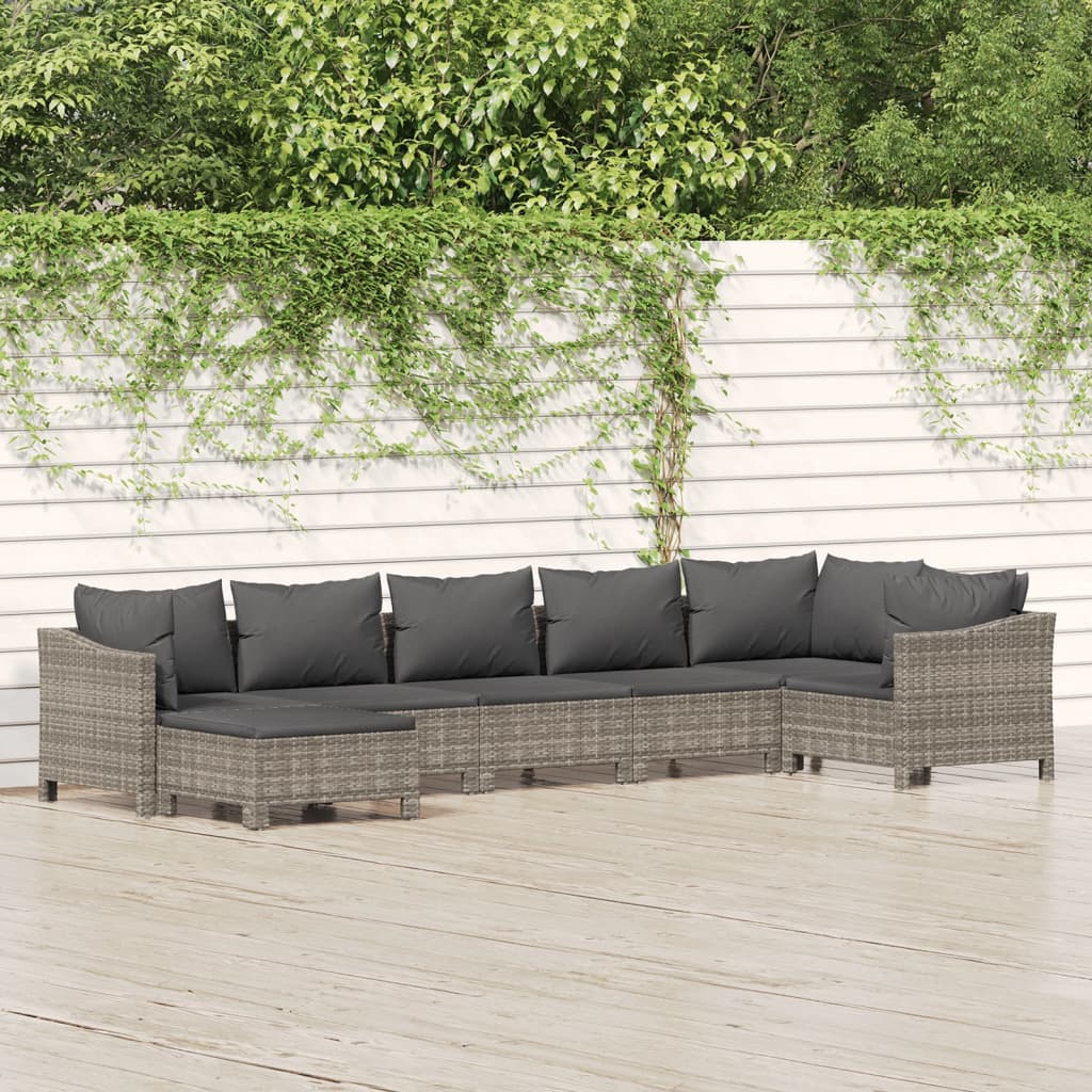 7-tlg. Garten-Lounge-Set mit Kissen Grau Poly Rattan