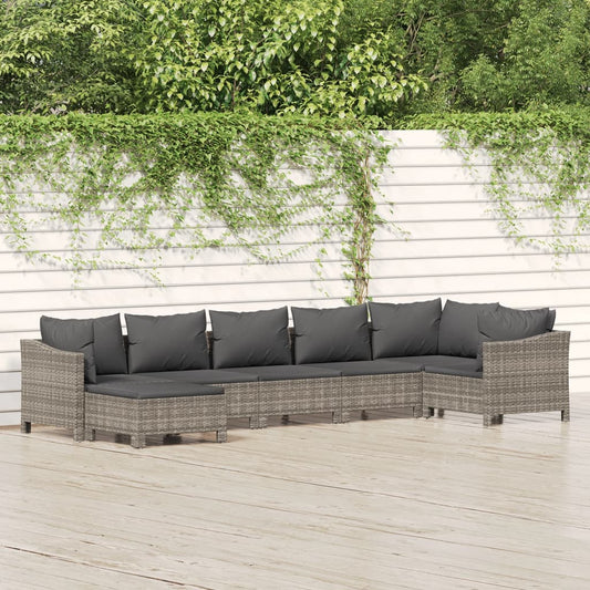 7-tlg. Garten-Lounge-Set mit Kissen Grau Poly Rattan