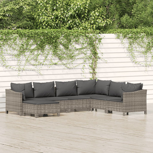 7-tlg. Garten-Lounge-Set mit Kissen Grau Poly Rattan