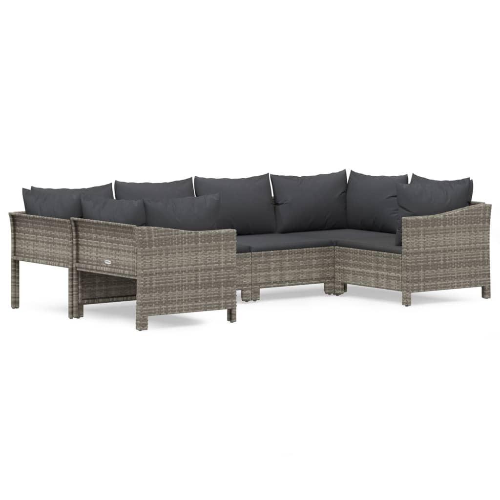 6-tlg. Garten-Lounge-Set mit Kissen Grau Poly Rattan