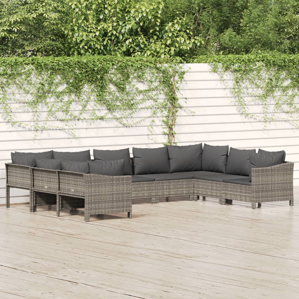 9-tlg. Garten-Lounge-Set mit Kissen Grau Poly Rattan