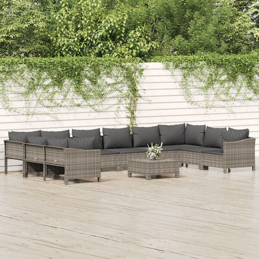 11-tlg. Garten-Lounge-Set mit Kissen Grau Poly Rattan