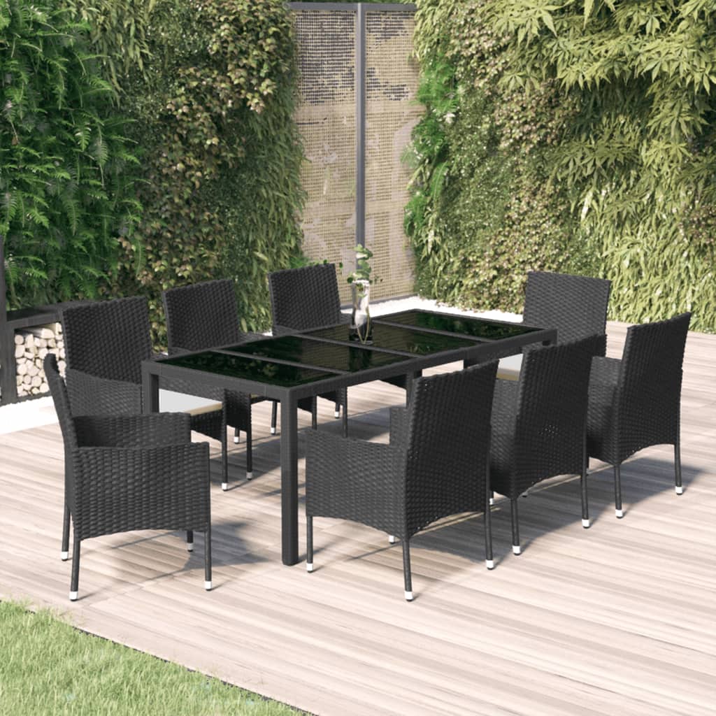 9-tlg. Garten-Essgruppe mit Kissen Schwarz Poly Rattan