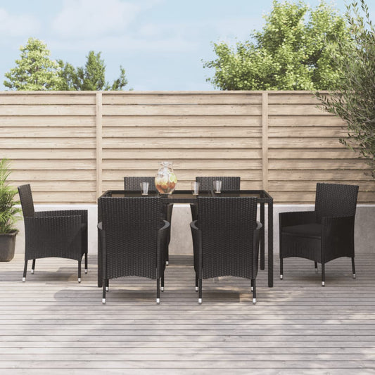 7-tlg. Garten-Essgruppe mit Kissen Schwarz Poly Rattan