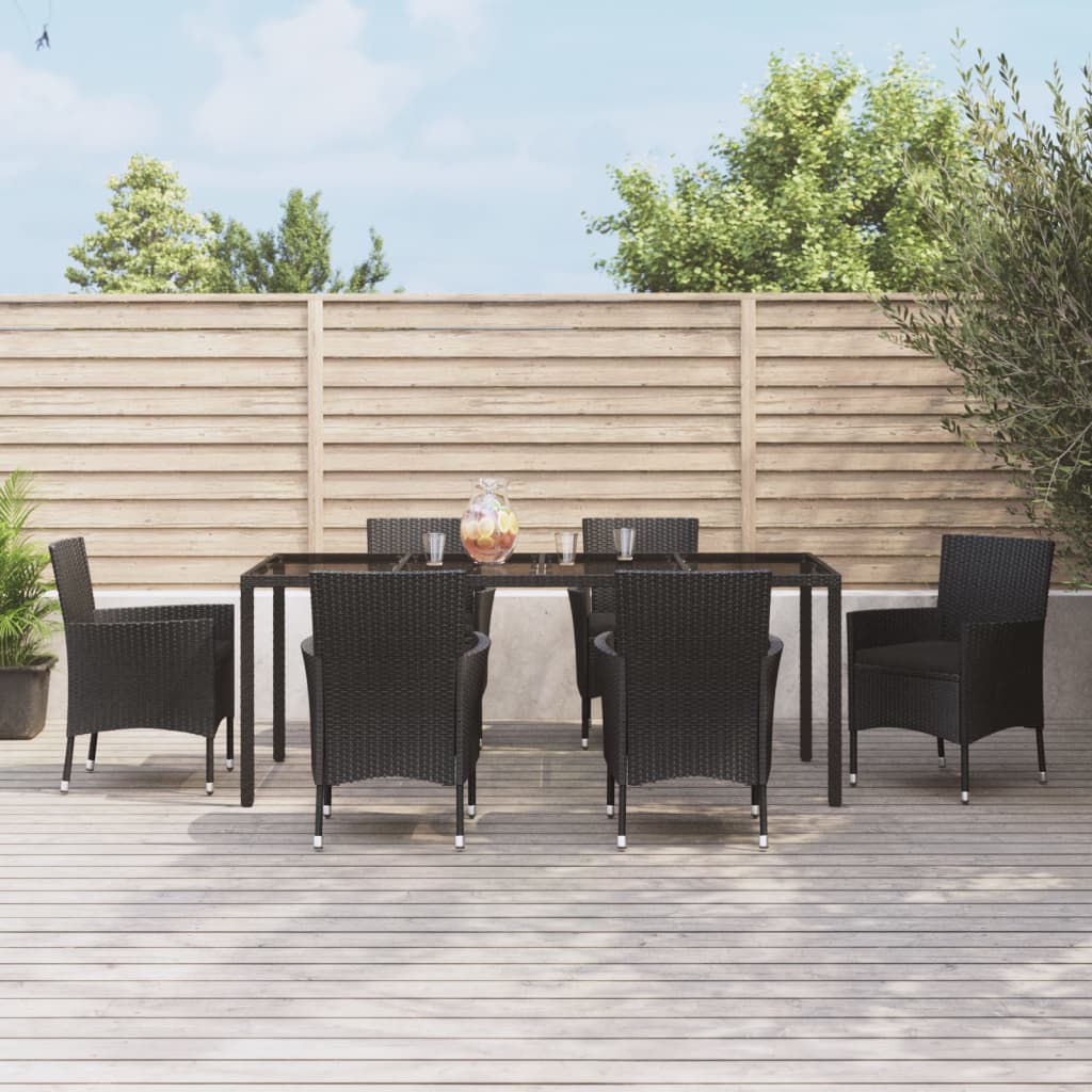 7-tlg. Garten-Essgruppe mit Kissen Schwarz Poly Rattan