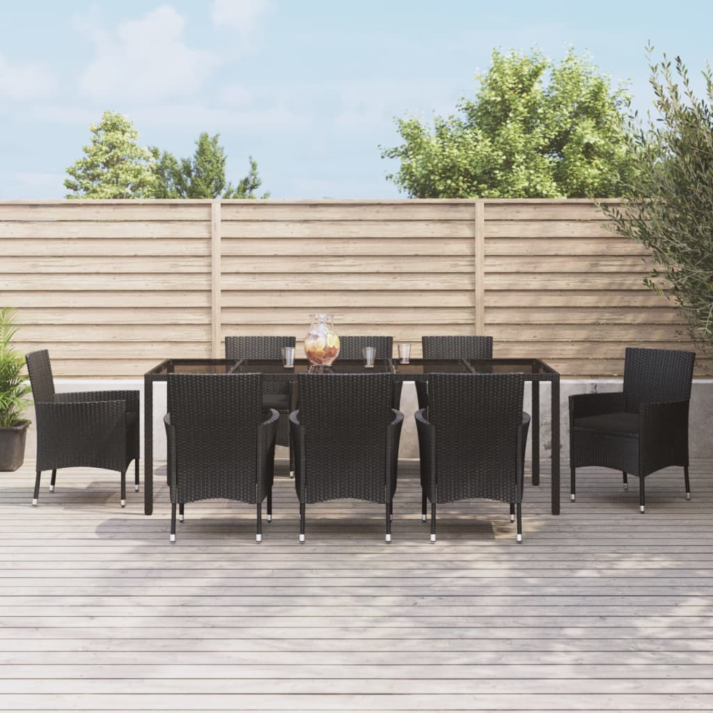 9-tlg. Garten-Essgruppe mit Kissen Schwarz Poly Rattan