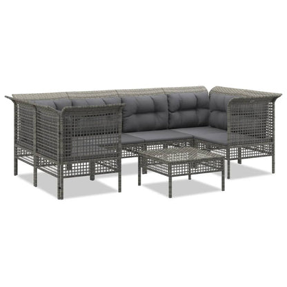 7-tlg. Garten-Lounge-Set mit Kissen Grau Poly Rattan