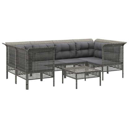 7-tlg. Garten-Lounge-Set mit Kissen Grau Poly Rattan