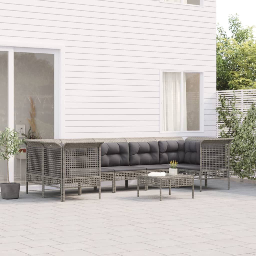 8-tlg. Garten-Lounge-Set mit Kissen Grau Poly Rattan