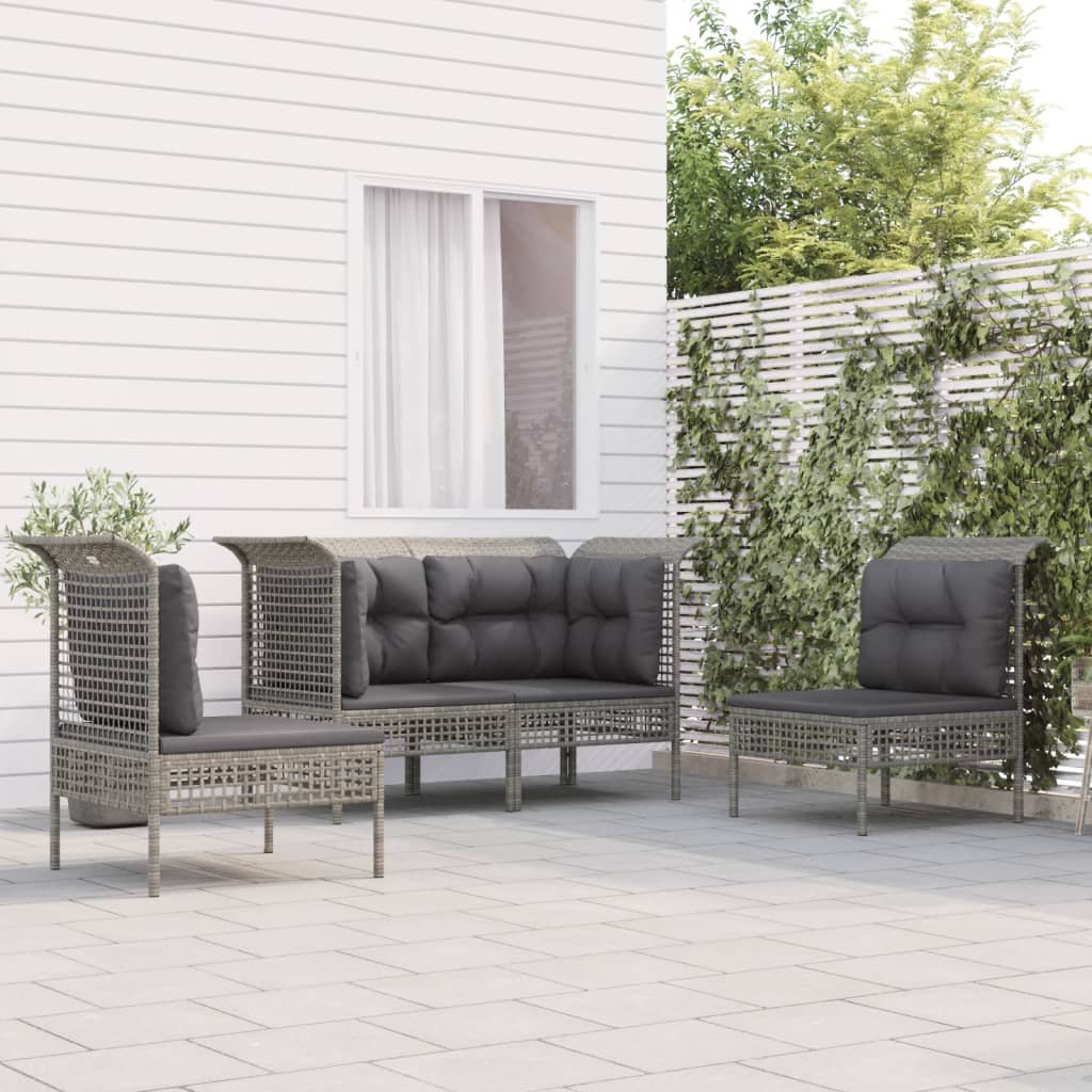 4-tlg. Garten-Lounge-Set mit Kissen Grau Poly Rattan