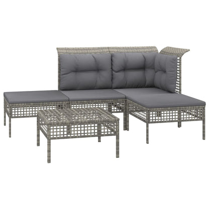 5-tlg. Garten-Lounge-Set mit Kissen Grau Poly Rattan