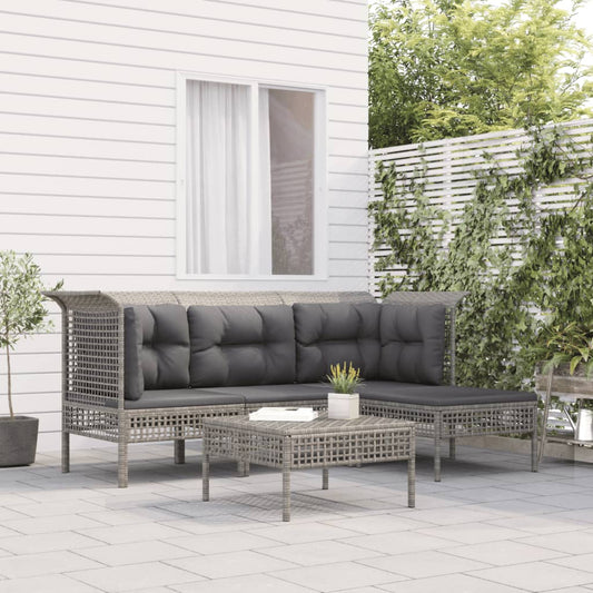 5-tlg. Garten-Lounge-Set mit Kissen Grau Poly Rattan