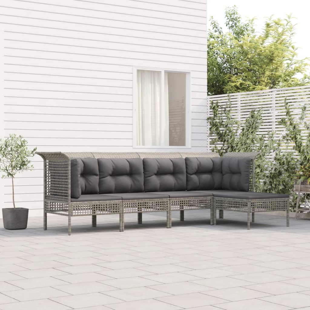 5-tlg. Garten-Lounge-Set mit Kissen Grau Poly Rattan